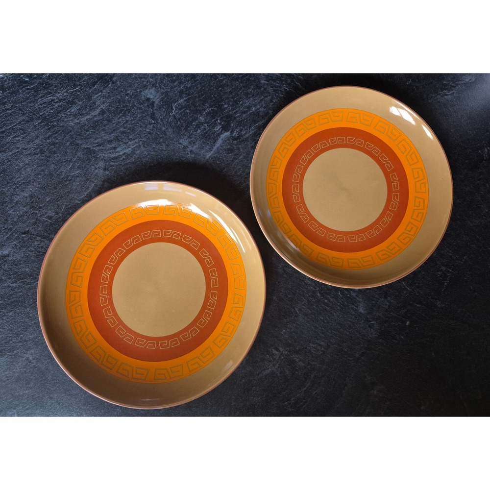 Vintage MCM Greek Key Salad Plates Set of 2 Orange Rust Tan Retro Stoneware 7.5"